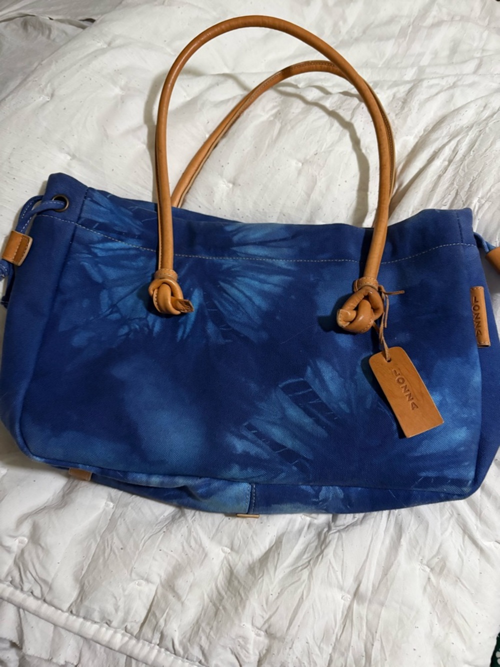 LOZZA Blue Tie-Dye Canvas Tote with Tan Leather Handles